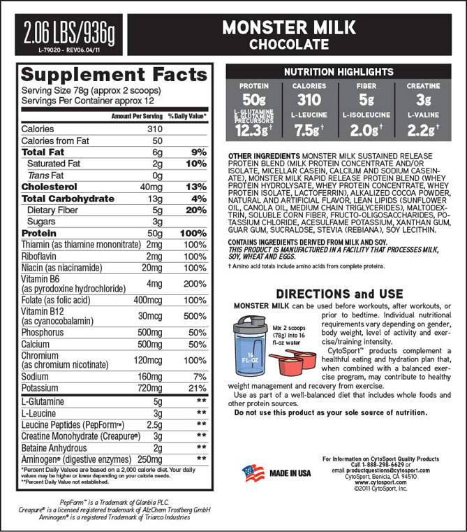 Monster Milk Supplement Facts 